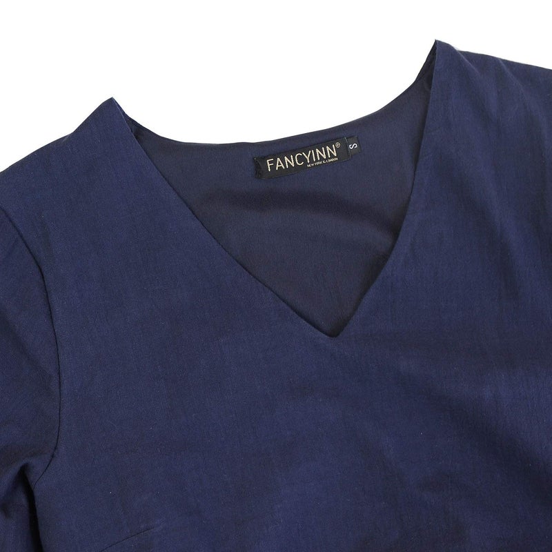FANCYINN Long Sleeve Shift Tunic Dress Ruffle Swing Babydoll Juniors Mini Navy Blue Ruffle Dress with Pockets L - Image 5